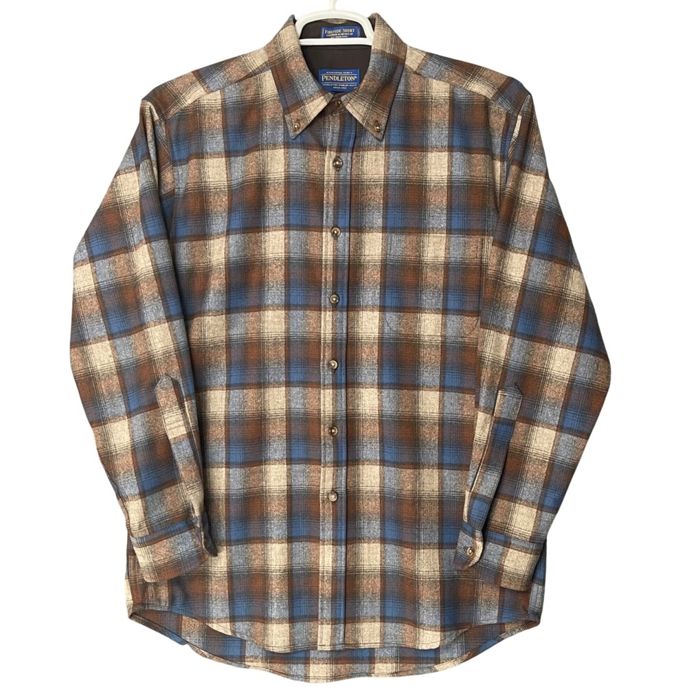 Pendleton Fireside Wool Plaid Button Up Shirt Men's Medium Brown Blue Camping‎